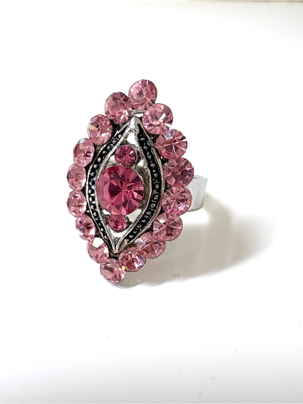 Silver-Tone Pink Crystal Oval Statement Ring Adjustable Size